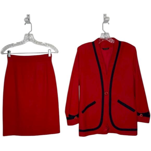 Vintage 1980s Red Navy Trim Power Suit Blazer Pencil Skirt Set Made in USA XS-S - Picture 3 of 15
